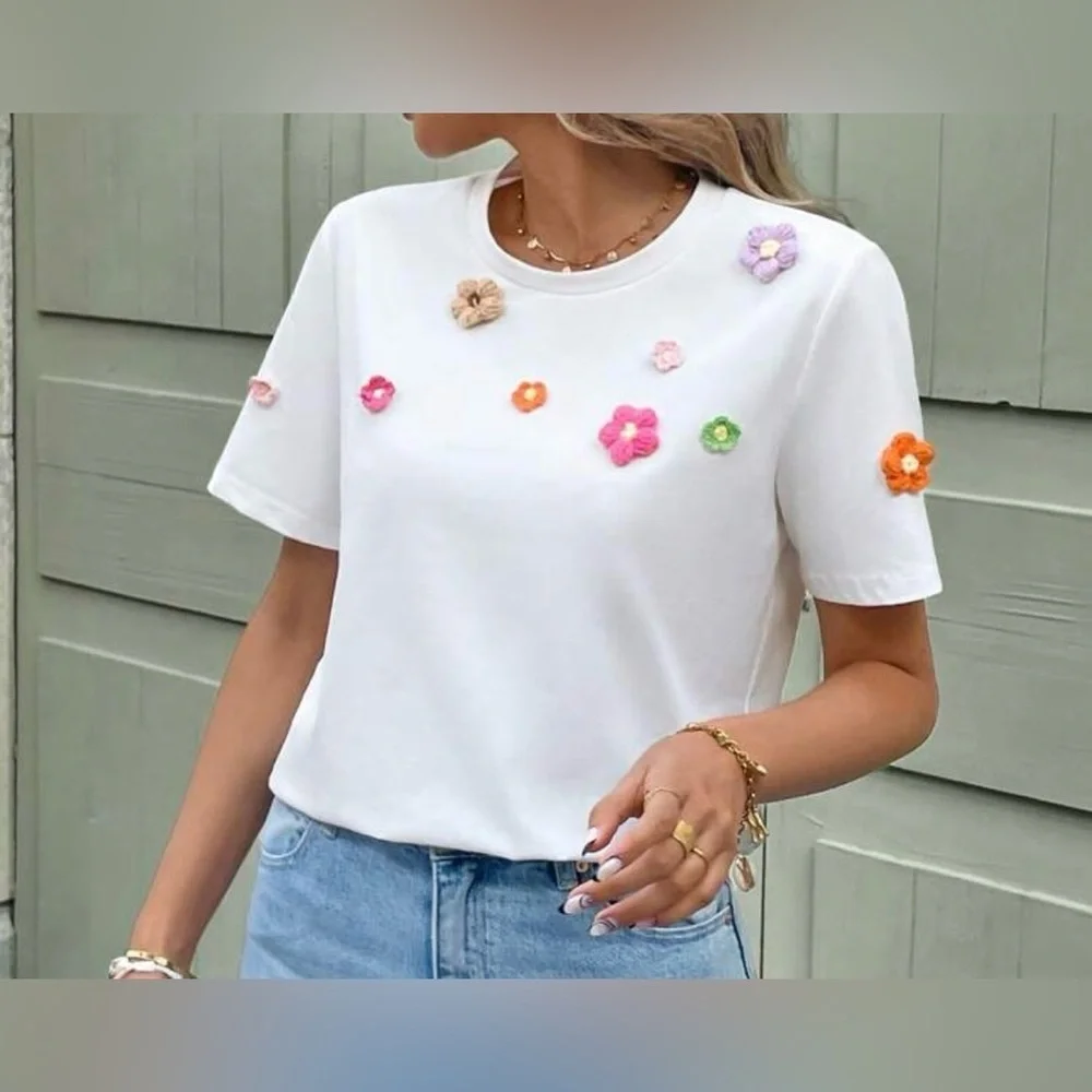Floral Embellished White Top
